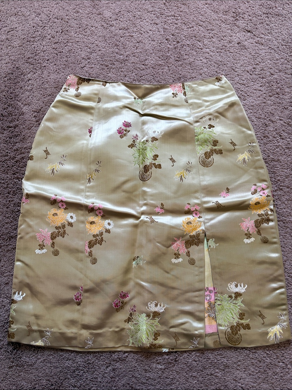 Floral Satin A-Line Skirt in Olive Green